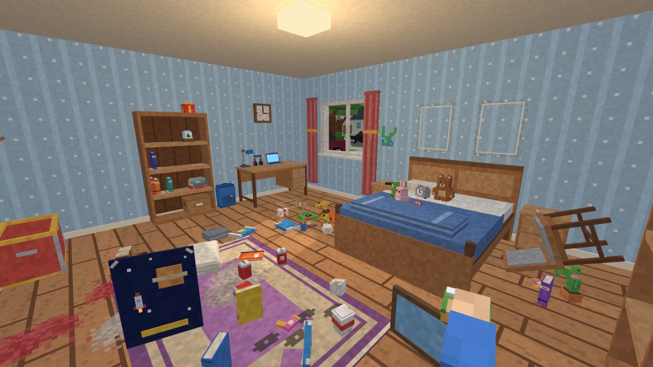 A messy bedroom in Mop & Loot: clothes, books and toys on the floor