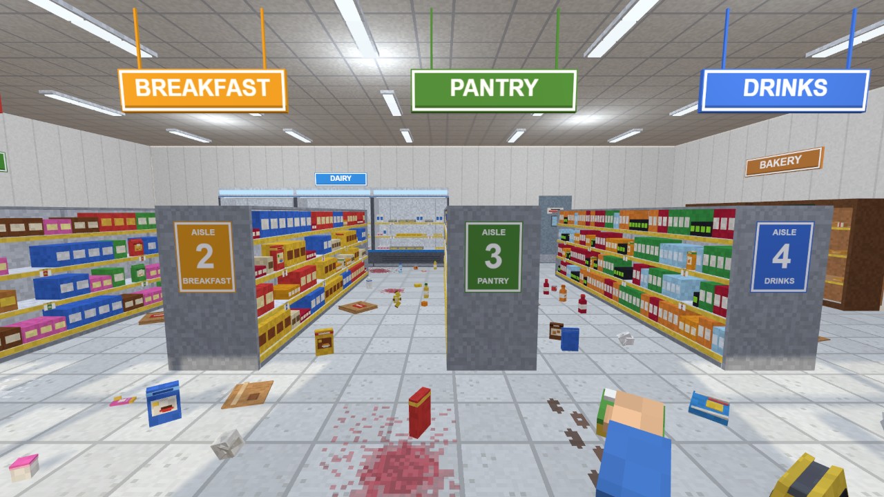 Supermarket aisles in Mop & Loot with products out of place